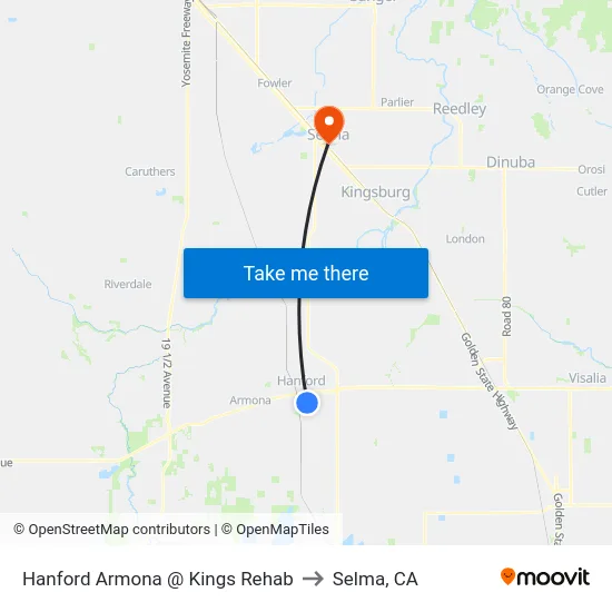Hanford Armona @ Kings Rehab to Selma, CA map