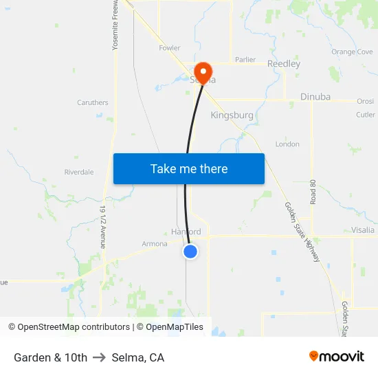 Garden & 10th to Selma, CA map
