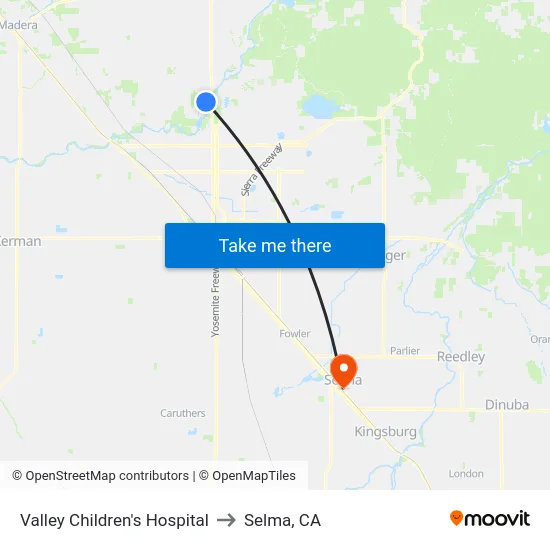 Valley Children's Hospital to Selma, CA map