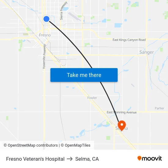 Fresno Veteran's Hospital to Selma, CA map