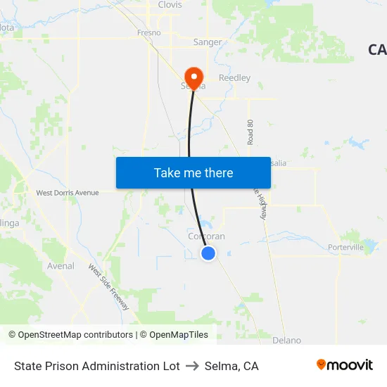 State Prison Administration Lot to Selma, CA map