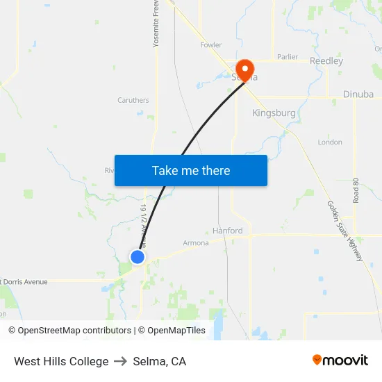 West Hills College to Selma, CA map