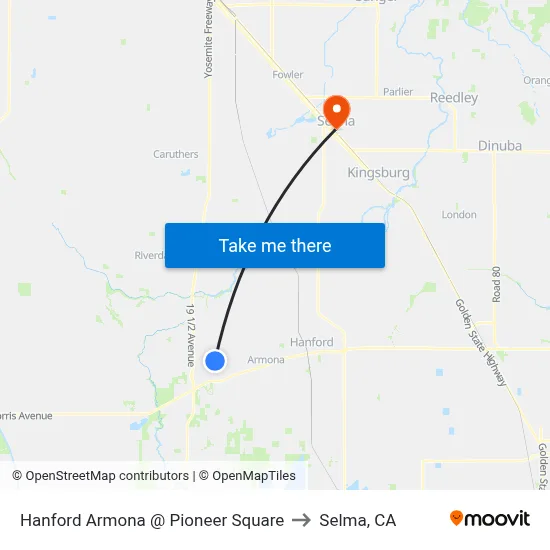 Hanford Armona @ Pioneer Square to Selma, CA map