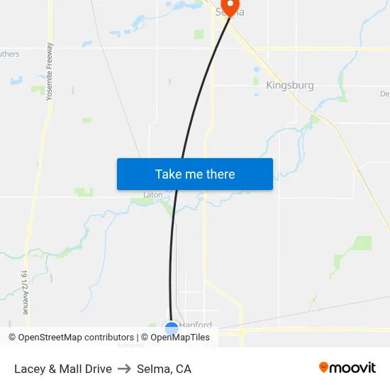 Lacey & Mall Drive to Selma, CA map