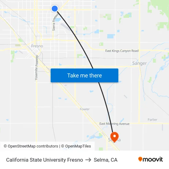 California State University Fresno to Selma, CA map