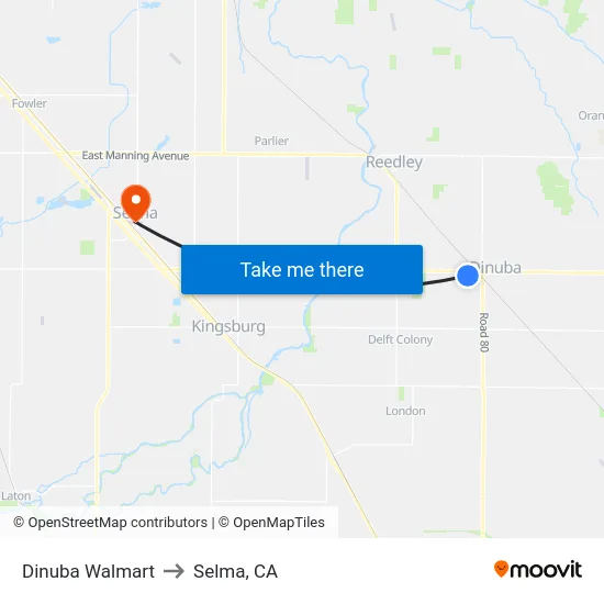Dinuba Walmart to Selma, CA map