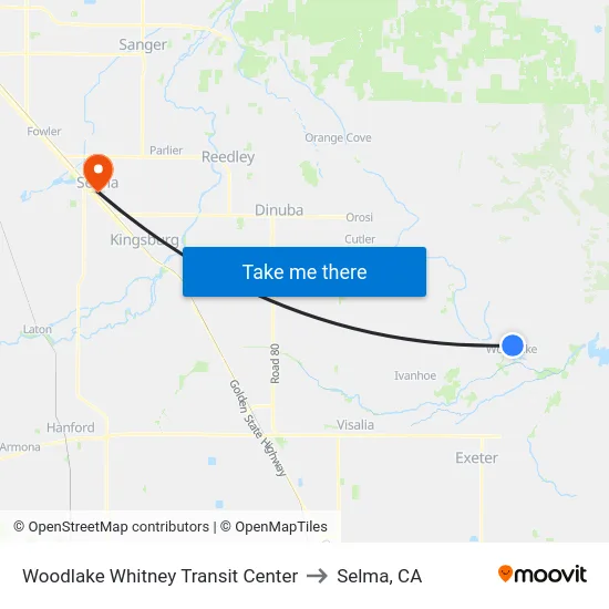 Woodlake Whitney Transit Center to Selma, CA map