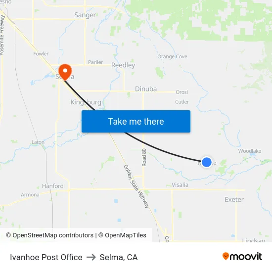 Ivanhoe Post Office to Selma, CA map