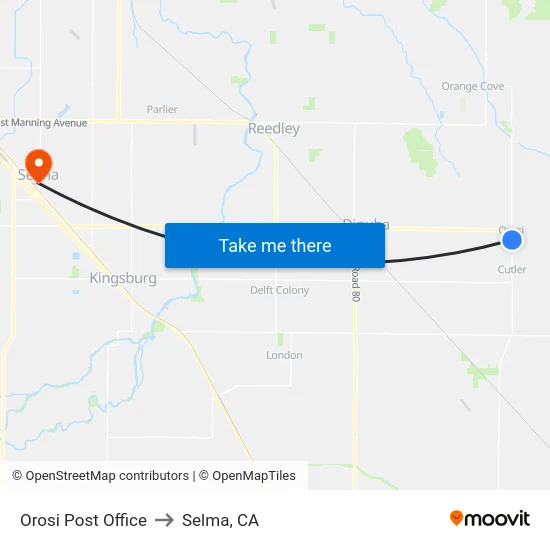 Orosi Post Office to Selma, CA map