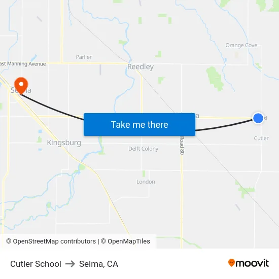 Cutler School to Selma, CA map