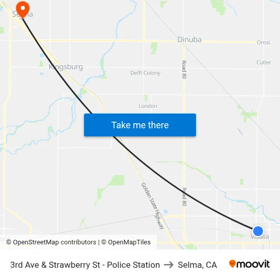3rd Ave & Strawberry St - Police Station to Selma, CA map