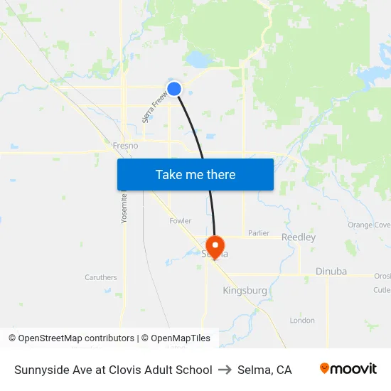 Sunnyside Ave at Clovis Adult School to Selma, CA map