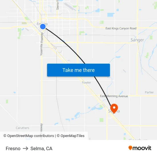 Fresno to Selma, CA map