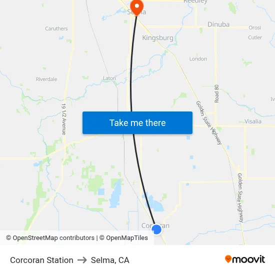 Corcoran Station to Selma, CA map