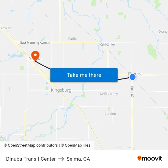 Dinuba Transit Center to Selma, CA map