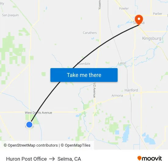 Huron Post Office to Selma, CA map