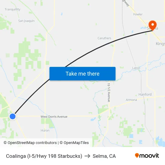 Coalinga (I-5/Hwy 198 Starbucks) to Selma, CA map