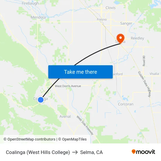Coalinga (West Hills College) to Selma, CA map