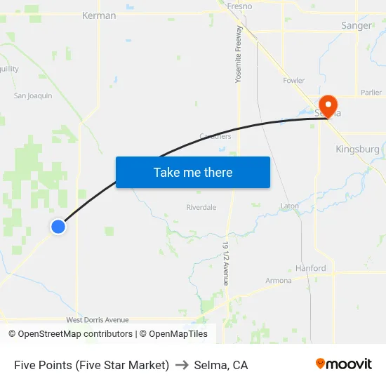 Five Points (Five Star Market) to Selma, CA map