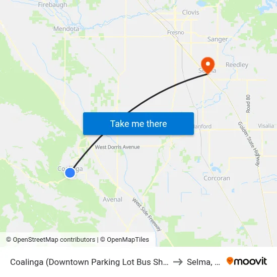 Coalinga (Downtown Parking Lot Bus Shelter) to Selma, CA map