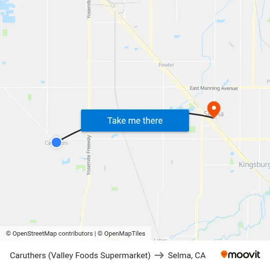 Caruthers (Valley Foods Supermarket) to Selma, CA map