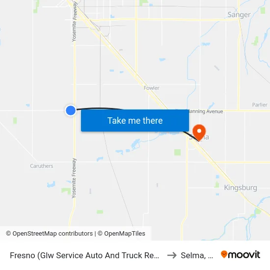 Fresno (Glw Service Auto And Truck Repair) to Selma, CA map