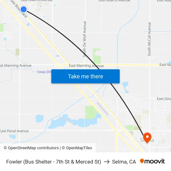 Fowler (Bus Shelter - 7th St & Merced St) to Selma, CA map