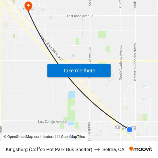 Kingsburg (Coffee Pot Park Bus Shelter) to Selma, CA map