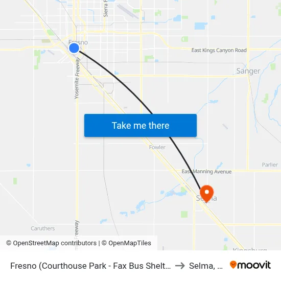 Fresno (Courthouse Park - Fax Bus Shelter L) to Selma, CA map