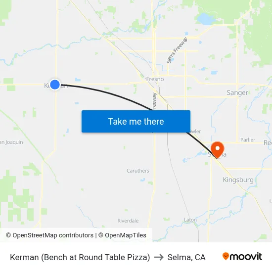Kerman (Bench at Round Table Pizza) to Selma, CA map
