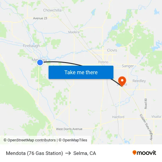 Mendota (76 Gas Station) to Selma, CA map
