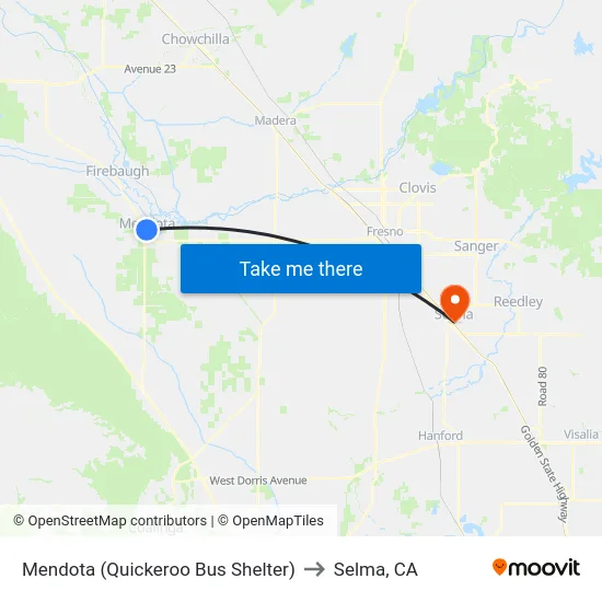 Mendota (Quickeroo Bus Shelter) to Selma, CA map