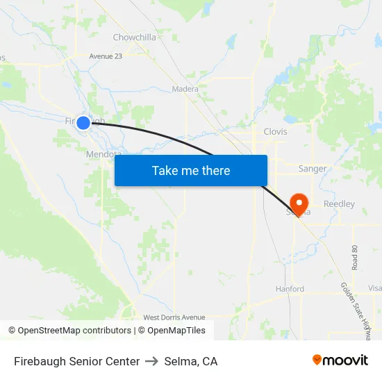 Firebaugh Senior Center to Selma, CA map