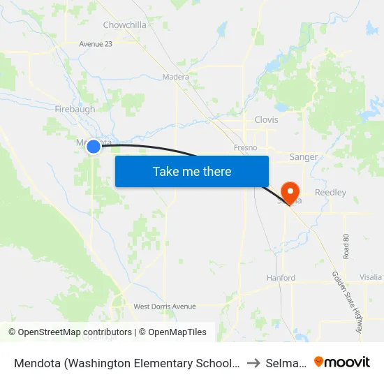 Mendota (Washington Elementary School Bus Shelter) to Selma, CA map
