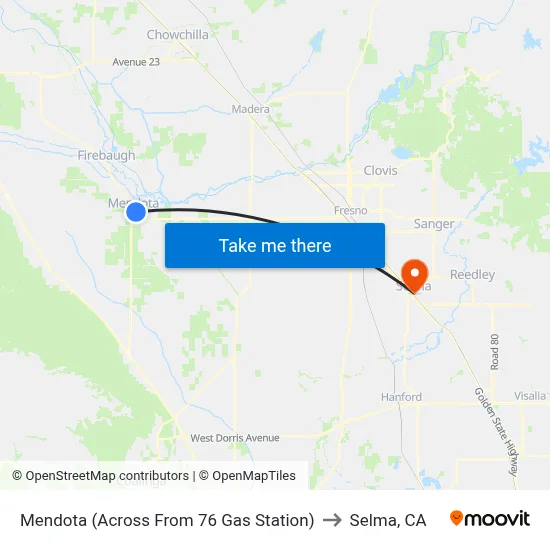 Mendota (Across From 76 Gas Station) to Selma, CA map