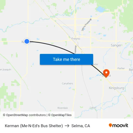 Kerman (Me-N-Ed's Bus Shelter) to Selma, CA map