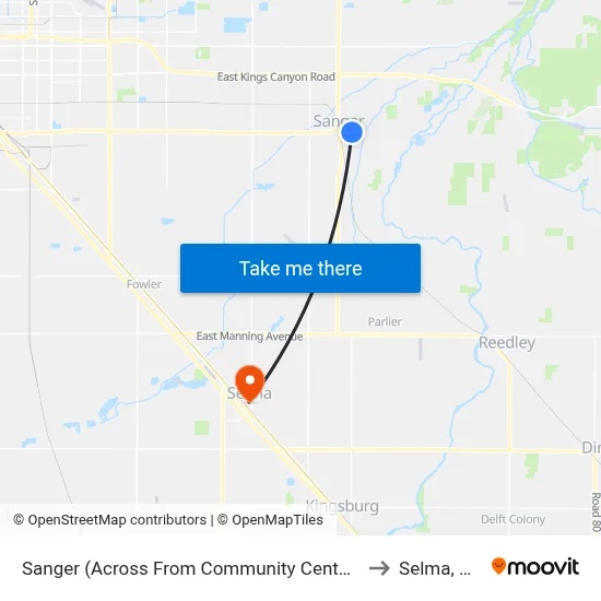 Sanger (Across From Community Center) to Selma, CA map