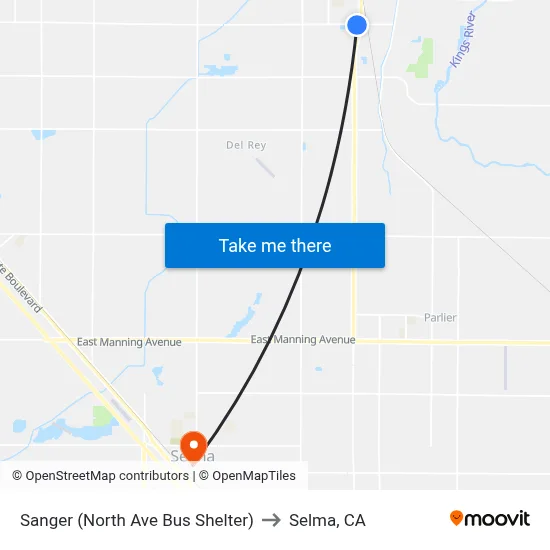 Sanger (North Ave Bus Shelter) to Selma, CA map