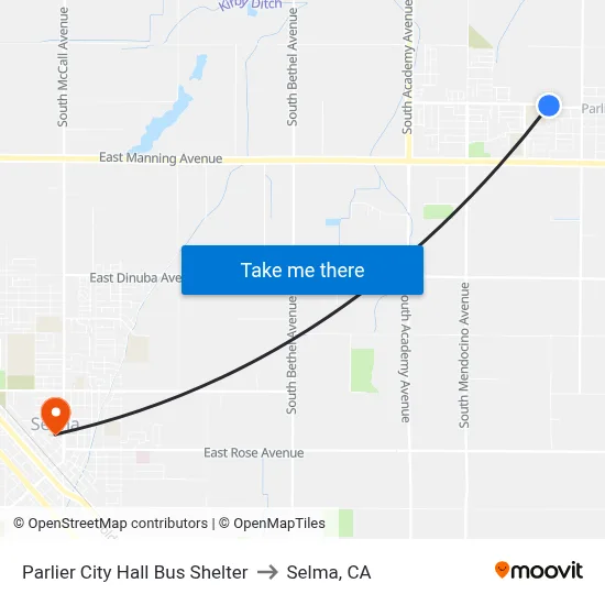 Parlier City Hall Bus Shelter to Selma, CA map