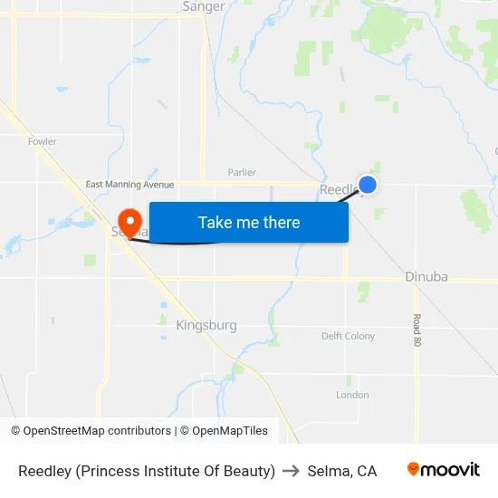 Reedley (Princess Institute Of Beauty) to Selma, CA map