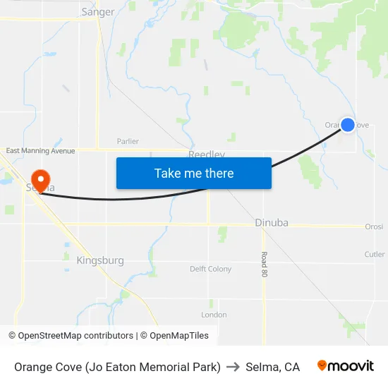 Orange Cove (Jo Eaton Memorial Park) to Selma, CA map