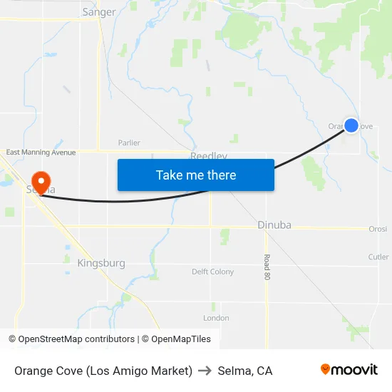 Orange Cove (Los Amigo Market) to Selma, CA map