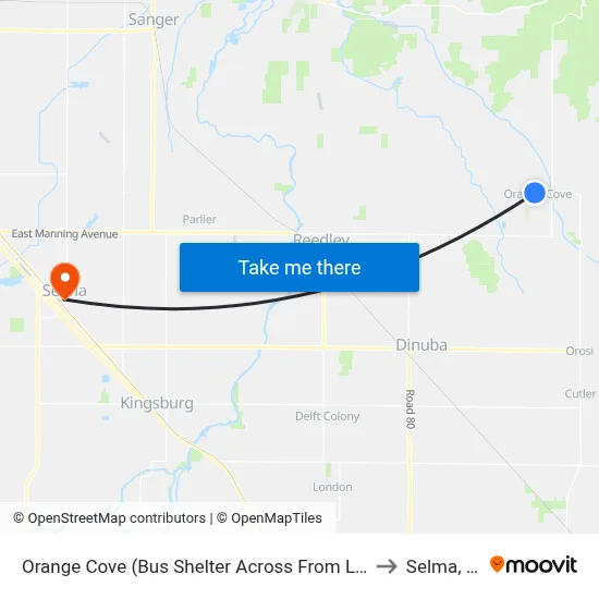 Orange Cove (Bus Shelter Across From Library) to Selma, CA map