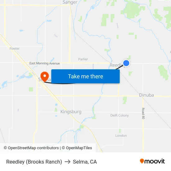 Reedley (Brooks Ranch) to Selma, CA map