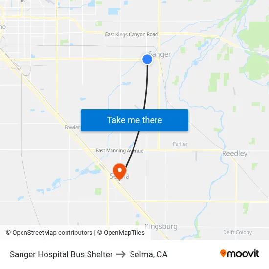 Sanger Hospital Bus Shelter to Selma, CA map
