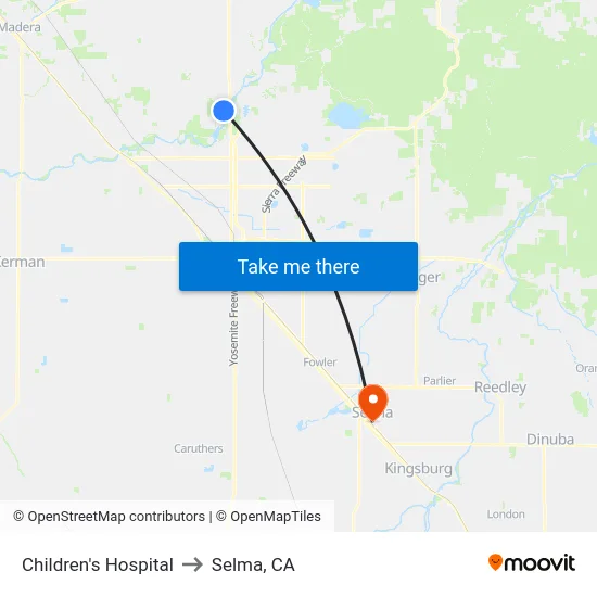 Children's Hospital to Selma, CA map