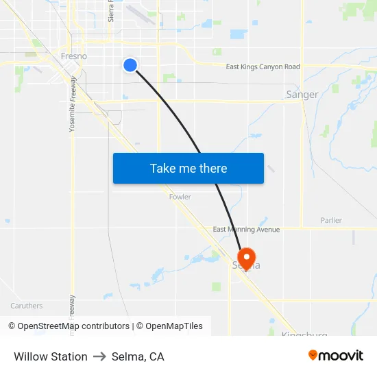 Willow Station to Selma, CA map