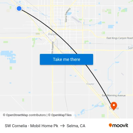 SW Cornelia - Mobil Home Pk to Selma, CA map
