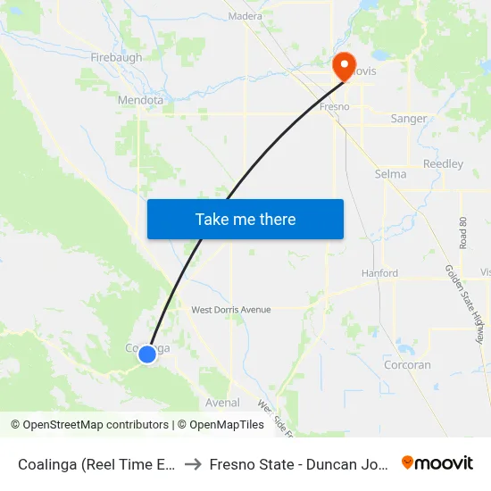 Coalinga (Reel Time Entertainment) to Fresno State - Duncan Josephine Theater map