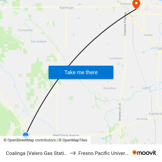 Coalinga (Valero Gas Station) to Fresno Pacific University map